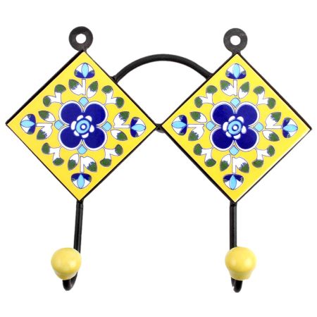 Yellow Navy Blue Floral Tiles Hooks
